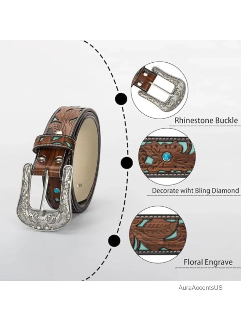 Faux Leather Western Belt with Rhinestone Buckle, Turquoise Carved Pattern,